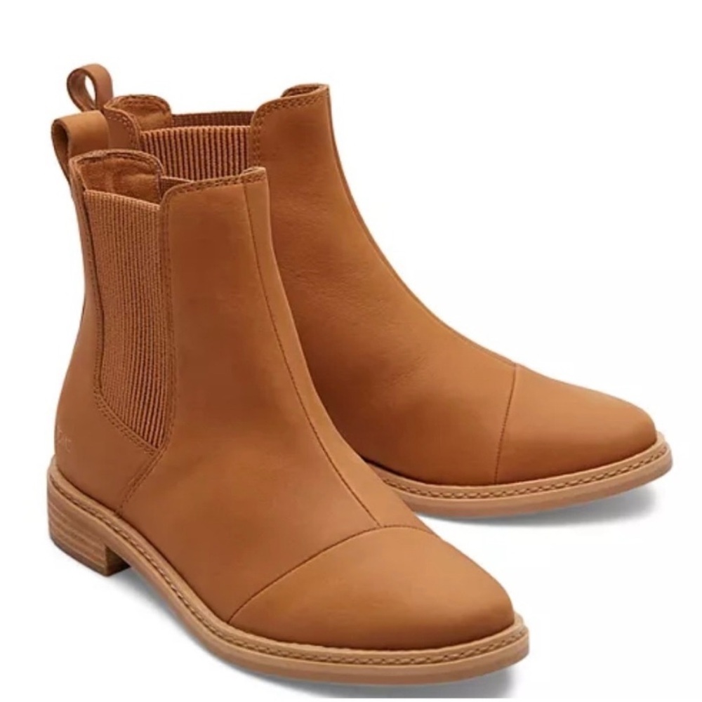 TOMS Charlie Tan Leather Chelsea Boots Ankle Booties Pull On